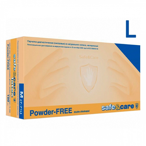 Перчатки латексные неопудренные L (8-9) 2 хлор  Safe&Care  50 пар/упак
